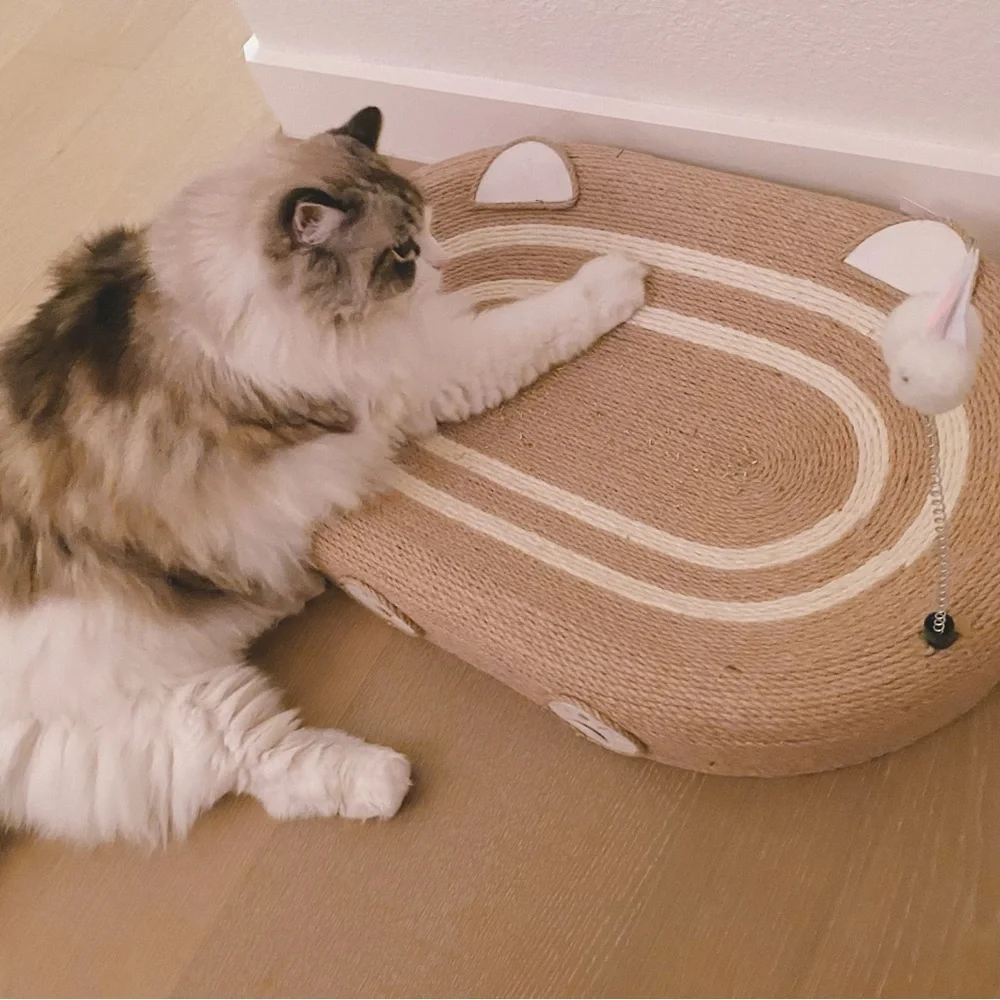 Oval Sisal Cat Scratcher Bed, 24x15 Inch for Big Cats with Spring Teaser Cat Toy
